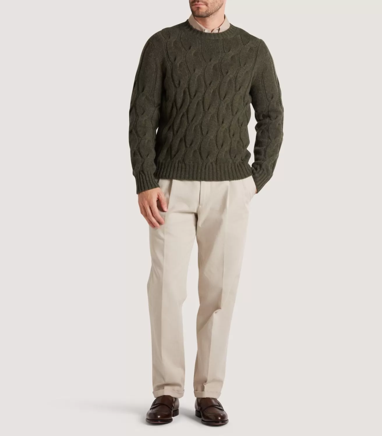 Men'S Cashmere Loch Cable Crew Neck Sweater In Loden*Purdey Shop