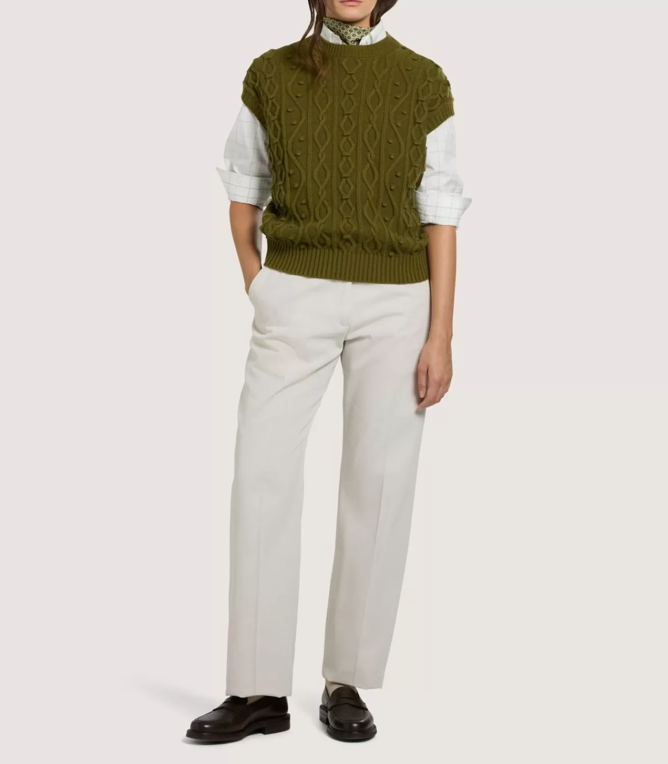 Women'S Cotton Cashmere Aran Crew Neck Tank In Olive*Purdey Store